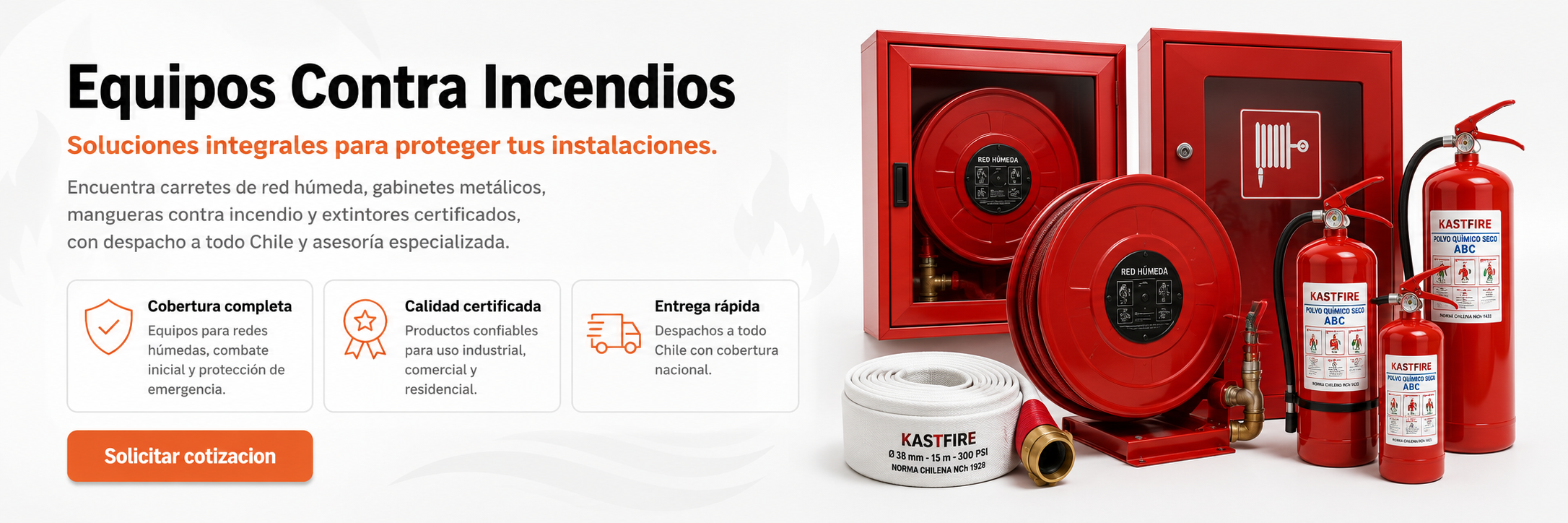 Equipos contra incendios - carretes de red humeda, gabinetes, mangueras y extintores